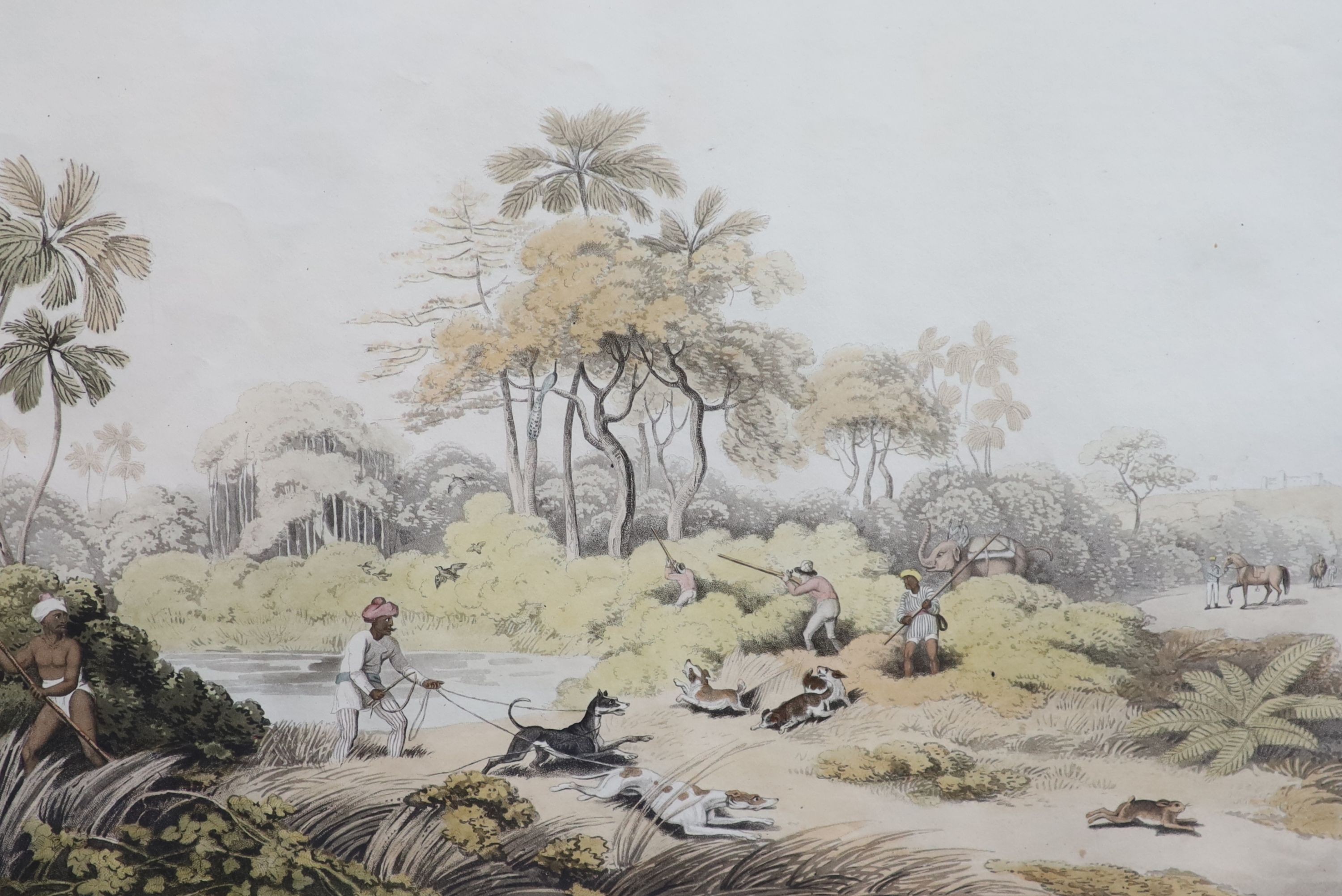 After Samuel Howett and Captain Thomas Williamson, Driving a tiger out of a jungle, Decoy elephants catching a male, A tiger prowling through a village and Shooting at the edge of a jungle, hand-coloured aquatints (4), 3